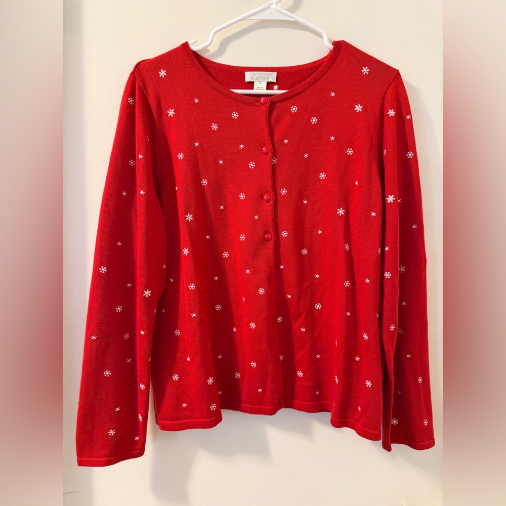 Christopher & Banks Red Snowflake Women's Embroidered Winter Holiday Cardigan XL